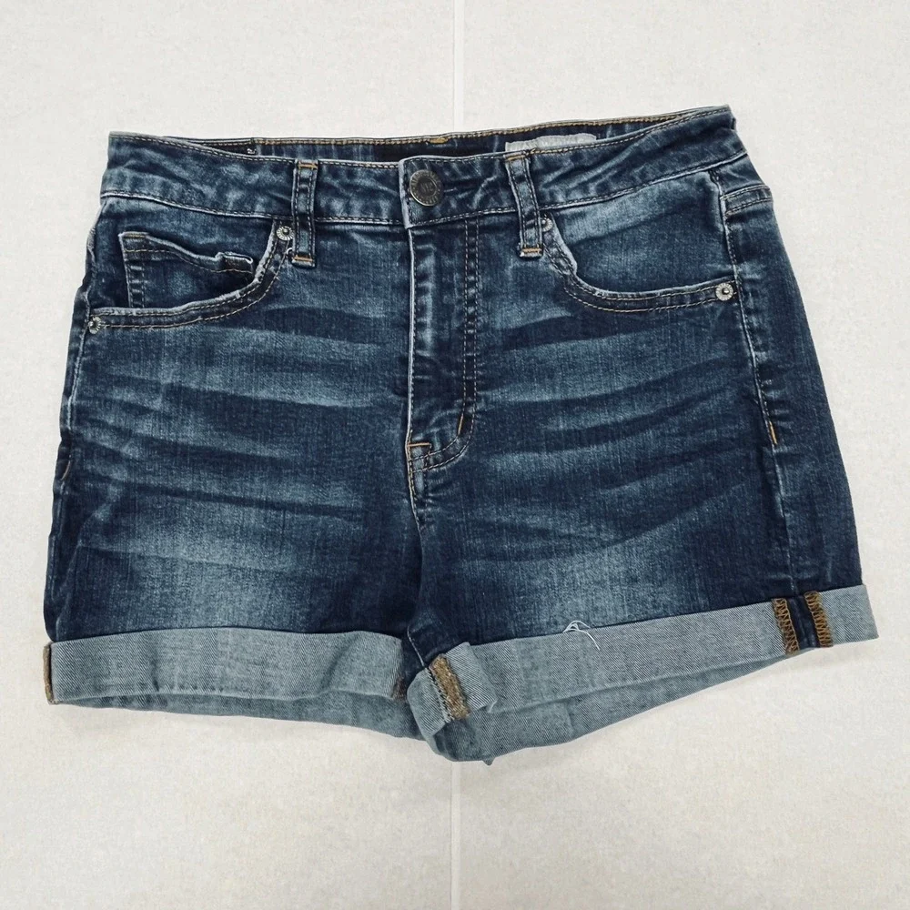 Aeropostale High Waisted Midi Denim Shorts Dark‎ Wash Cuffed Sz 4 Beach Festival